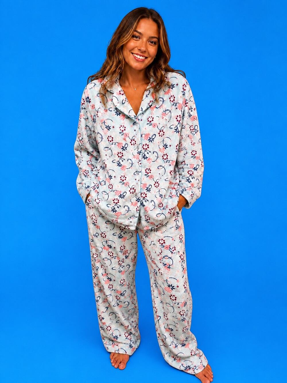 Cozy Floral Fleece Medium Pajamas Blue Pink Button Front Plush PJs Lounge Set